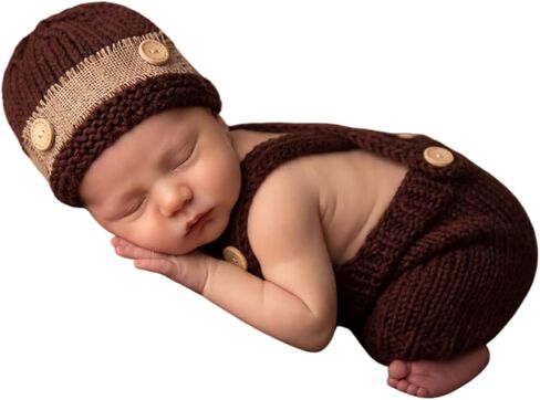 Newborn Baby Photo Shoot Props Girl Boys Knit Hat Stripe Hat Pants Overalls in Kuwait