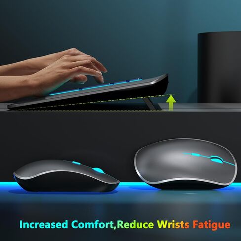 JOYACCESS Silent RGB Backlit Wireless Keyboard Mouse Set, Rechargeable 3000mAh Keyboard, Ergonomic Wrist Rest, 2.4G USB‑A/C, for PC Mac Laptop Office - Space Gray in Kuwait