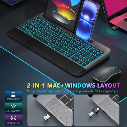 JOYACCESS Silent RGB Backlit Wireless Keyboard Mouse Set, Rechargeable 3000mAh Keyboard, Ergonomic Wrist Rest, 2.4G USB‑A/C, for PC Mac Laptop Office - Space Gray in Kuwait