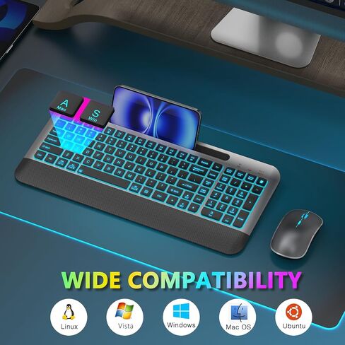 JOYACCESS Silent RGB Backlit Wireless Keyboard Mouse Set, Rechargeable 3000mAh Keyboard, Ergonomic Wrist Rest, 2.4G USB‑A/C, for PC Mac Laptop Office - Space Gray in Kuwait