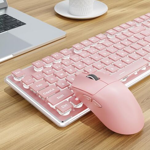 SEUNKWANG EWEADN X7S Wireless Keyboard and Mouse with Pudding Keycaps, Metal Panel, 2.4G Rechargeable Computer Keyboard and Mouse Combo Quiet Light Up Full Size Cordless Keyboards-Pink in Saudi Arabia