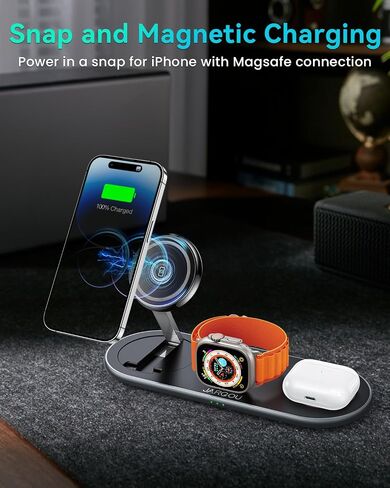 JARGOU 3 in 1 Charging Station for Apple with Magsafe Charger Stand with Apple Charging Station for iPhone 17 16e 16 15 14 13 12, for iWatch, for AirPods 2/3/4/Pro/Pro 2/Pro 3 Foldable in Kuwait