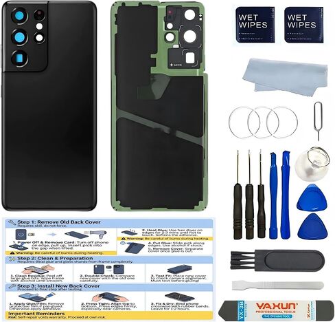 Galaxy S21Ultra Back Glass Replacement for Samsung Galaxy S21U-6.8Inches Back Cover with Lens Frame Pre-Installed Tape +Tools (Black) in Kuwait