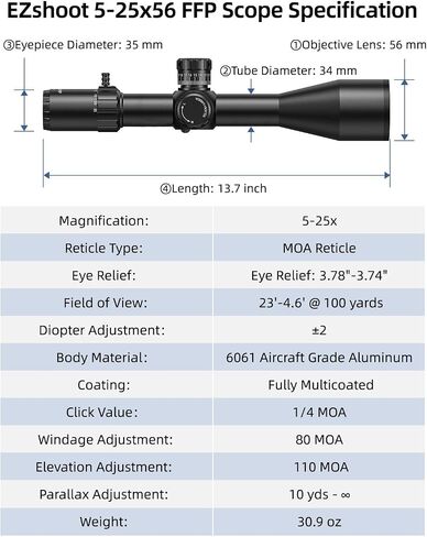 EZshoot 5-25x56 FFP Rifle Scope with Zero Stop, MOA Illuminated Reticle, Parallax Adjustment, 34mm Tube Long Range Scope, First Focal Plane Riflescope in Kuwait