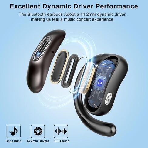Open Ear Ear buds, Bluetooth 5.4 Wireless Earbuds, 50H, Air Conduction Headphones, HD Stereo Bass Over Ear Earphones with Earhooks, Ultra-Comfort Secure Fit, IPX7 Waterproof Headset for Working Sports in Kuwait