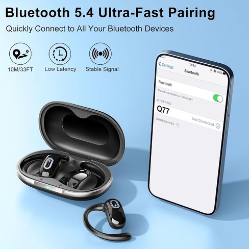 Open Ear Ear buds, Bluetooth 5.4 Wireless Earbuds, 50H, Air Conduction Headphones, HD Stereo Bass Over Ear Earphones with Earhooks, Ultra-Comfort Secure Fit, IPX7 Waterproof Headset for Working Sports in Kuwait