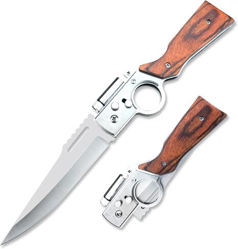 10 inch AK47 Manual Open Folding Pocket Knife With LED Light,Stainless Steel Blade, Wooden handle, EDC Knives for Hiking,Outdoor, Camping, Gift Nylon Sheath in Kuwait