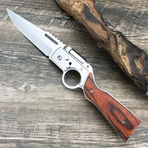 10 inch AK47 Manual Open Folding Pocket Knife With LED Light,Stainless Steel Blade, Wooden handle, EDC Knives for Hiking,Outdoor, Camping, Gift Nylon Sheath in Kuwait