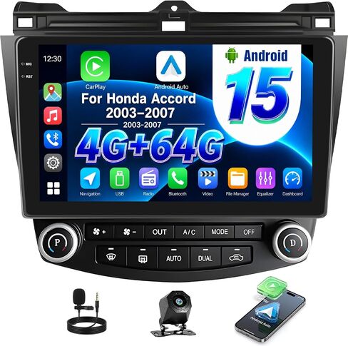 Android 15 4G+64G Car Stereo for Honda Accord 2003-2007 with Wireless Carplay Android Auto, 10 Inch Incell Touchscreen Head Unit 32-EQ DSP Bluetooth 5.0 GPS WiFi FM/RDS Mirror Link SWC Backup Cam in Kuwait