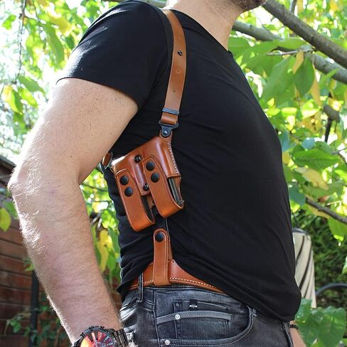 Optic Ready/Red Dot Compatible Premium Leather Vertical Shoulder Holster System with Double Magazine Carrier – Fits FN FNS 9mm Long Slide 5-inch, RH Draw, Brown #1408# in Saudi Arabia