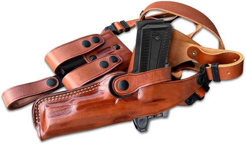 Optic Ready/Red Dot Compatible Premium Leather Vertical Shoulder Holster System with Double Magazine Carrier – Fits FN FNS 9mm Long Slide 5-inch, RH Draw, Brown #1408# in Saudi Arabia