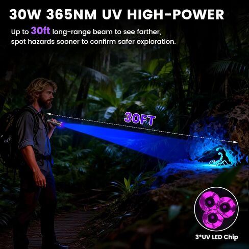 VASTFIRE 365nm UV Light Rechargeable, 30W 3LEDs Black Light Powerful UV Flashlight, LCD Display & Filter Lens, Strong Ultraviolet Blacklight for Resin Curing, Pet Urine Detection, Rocks, Scorpion,etc in Kuwait