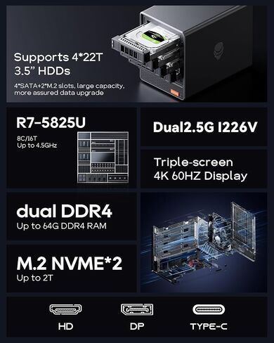 AOOSTAR WTR PRO AMD R7 5825U 4+2 Bays Desktop NAS Without RAM/SSD/OS,with 2*M.2 Slots, 2 * 2.5GB LAN，Supports 3-Screen 4K Display Home Sever/Mini Home Lab in Kuwait