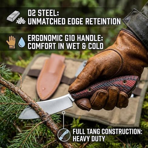 Dispatch Small EDC Fixed Blade Knife with Leather Sheath, 2.94" D2 Steel Full Tang Skinner, Ultra-Light 64g Hunting Knife with Ergonomic G10 Handle for Hunting,Bushcraft, Hiking & Camping in Kuwait