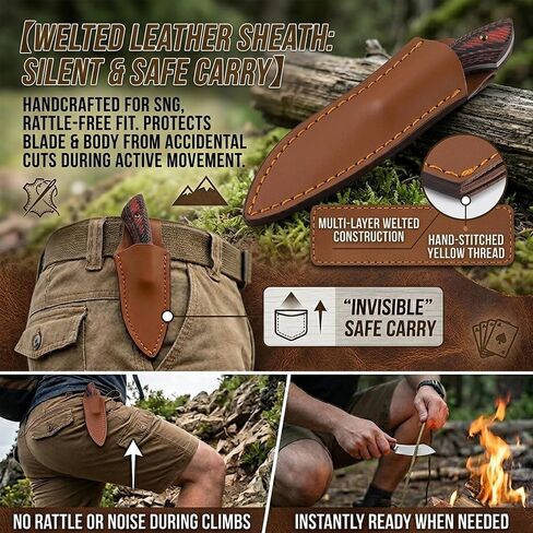 Dispatch Small EDC Fixed Blade Knife with Leather Sheath, 2.94" D2 Steel Full Tang Skinner, Ultra-Light 64g Hunting Knife with Ergonomic G10 Handle for Hunting,Bushcraft, Hiking & Camping in Kuwait