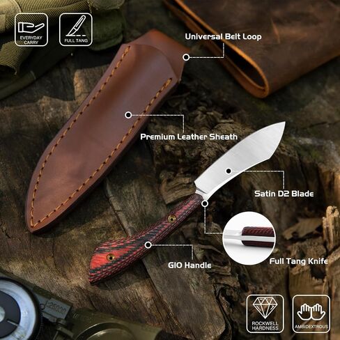 Dispatch Small EDC Fixed Blade Knife with Leather Sheath, 2.94" D2 Steel Full Tang Skinner, Ultra-Light 64g Hunting Knife with Ergonomic G10 Handle for Hunting,Bushcraft, Hiking & Camping in Kuwait