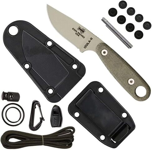 ESEE Izula-II Fixed Blade Knife, Survival Kit, Ambidextrous Sheath, Belt Clip, Made In USA (Desert Tan Blade/Black Sheath/Survival Kit) in Kuwait