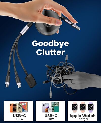 100W Retractable 2X USB-C Charging Cable with Apple Watch Charger - 3-in-1 Dual USB C (100W/10W) and iWatch Fast Charger, Portable Travel Multi Charge Cord for iPhone 15/16/17, iPad, Android, MacBook in Saudi Arabia
