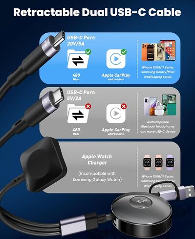 100W Retractable 2X USB-C Charging Cable with Apple Watch Charger - 3-in-1 Dual USB C (100W/10W) and iWatch Fast Charger, Portable Travel Multi Charge Cord for iPhone 15/16/17, iPad, Android, MacBook in Saudi Arabia
