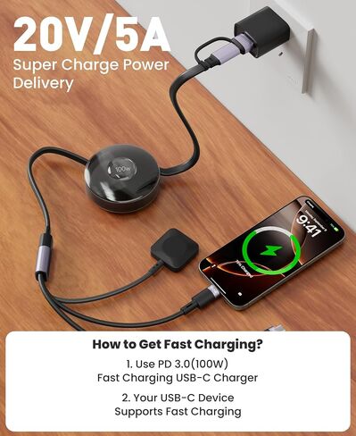 100W Retractable 2X USB-C Charging Cable with Apple Watch Charger - 3-in-1 Dual USB C (100W/10W) and iWatch Fast Charger, Portable Travel Multi Charge Cord for iPhone 15/16/17, iPad, Android, MacBook in Saudi Arabia