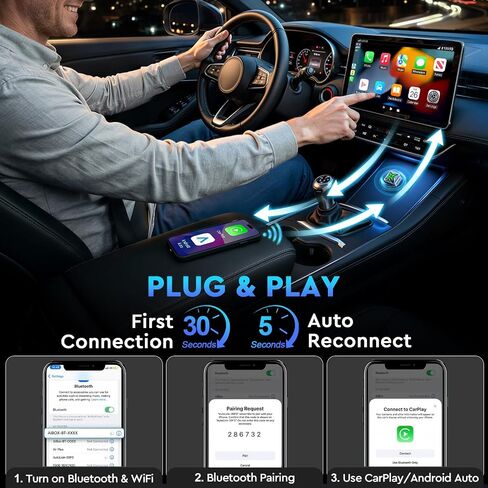 Elrina 2026 New-Gen Wireless CarPlay Adapter with Button Control, 5s Fast Auto-Reconnect Ultra Mini Wired to Wireless Plug & Play Adapter for iPhone & Android Auto, Stable 5.8GHz WiFi, Bluetooth 5.4 in Kuwait