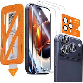 QHOHQ [1-Second Auto-Install] 3 Pack Screen Protector for iPhone 17 Pro Max [6.9 Inch] + 1 Set Camera Lens Protector, 9H+ Shatterproof Tempered Glass, [12FT Military Grade Protection], Case Friendly in Kuwait
