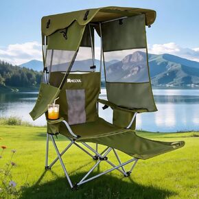 AKSOUL Folding Camping Chair with Shade: Canopy Camp Chairs with Umbrella for Adults,Portable Beach Chairs with Cup Holder, Side Pocket for Lawn, Sports, Tailgates, Fishing - Support 330 LBS,Green in Kuwait