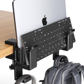 Desk Side Storage, Under Desk Clamp-on Vertical Laptop Holder, 10-17" Inch Length Adjustable with Keyboard & Headphone Holder, No Drill Storage Shelf for Desk, Fits Table Edge 0.3"to 1.7"(Black) in Saudi Arabia