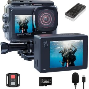 Apexcam X80PRO Dual Screen Action Cam 4K60FPS 8X Zoom EIS 48MP with 64GB Card Ultra HD WiFi Sports Camera, Underwater Camera 2.4G Remote Control, 2X Batteries for Snorkel, Travel, Motorcycle, Bicycle in Kuwait