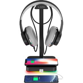 KAFRI RGB Dual Headphone Stand with Wireless Charger Desk Gaming Double Headset Holder Hanger Rack with 10W/7.5W QI Charging Pad and QC 3.0 USB Port - Suitable for Gamer Desktop Table Game Earphone in Kuwait