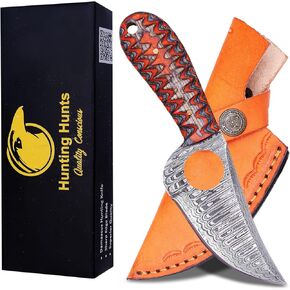 Predator Hunter - Handmade Damascus Knife with Leather Sheath - For Skinning, Camping, Outdoor - EDC 7" Fixed Blade Bushcraft Knives | Red Black Exotic Wood Handle in Kuwait