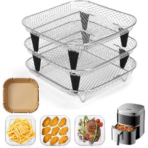 Air Fryer Rack, 3pcs 8" Stackable Square Air Fryer Basket Accessories, Stainless Steel, Dehydrator & Grill Use, Raised Feet & Disposable Liner Included, for Cosori Instant Vortex Chefman Ninja in Kuwait