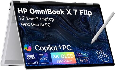 HP OmniBook 7 X Flip 16" 2 in 1 Laptop Copilot+ AI PC|3K OLED Touchscreen Convertible Business Laptop|Intel Core Ultra 7(>i7-1355U)+47 TOPS NPU|Custom 32GB DDR5+1TB /2TB SSD|Windows 11 Pro|Backlit in Kuwait