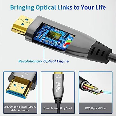 DELONG 8K Fiber HDMI Cable 50ft, HDMI 2.1 Fiber Optic Cable Support 8K@60Hz, 4K@120Hz, 48Gbps, eARC Compatible with PS5, Xbox,RTX 3080 3090, Roku,8K TV in Kuwait