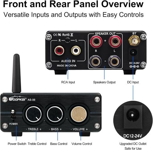 AS-33 Bluetooth Stereo Amplifier, 2 Channel Home Audio Component Amplifiers for Passive Speakers, Mini Class D Amp Audio Receiver Max 600W for Indoor, Outdoor, Garage, Ceiling, Bookshelf Speaker in Kuwait