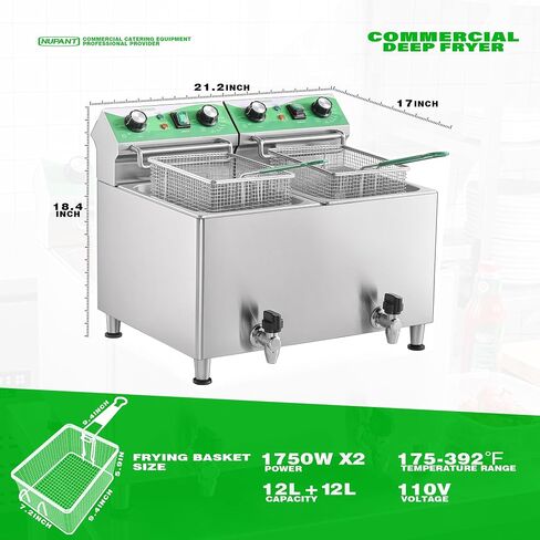 NUPANT 25.3QT/24L Commercial Deep Fryer with Oil Filtration and Timer Electric Deep Fryer with 2 Baskets and Lids Dual Tank Stainless Steel Large Countertop Fryer for Restaurant Use,110V 1750W x 2 in Kuwait