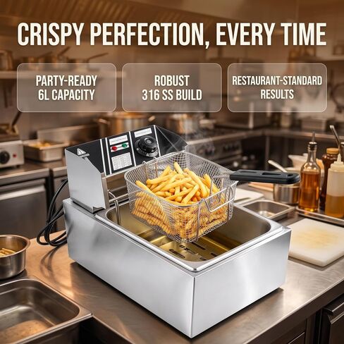 6.3QT Electric Deep Fryer with Basket, 1700W 316 Stainless Steel Commercial Deep Fryer, Adjustable Temperature Control 140°F-392°F, Countertop Deep Fryer with Lid, Oil Fryer for Home Kitchen in Kuwait