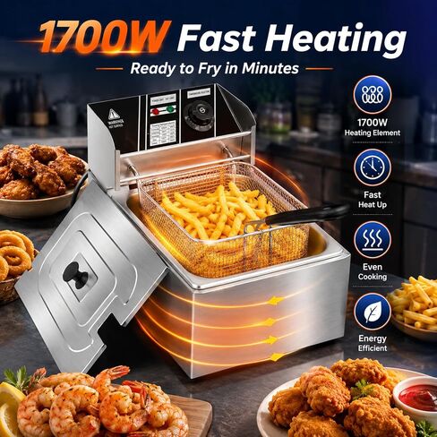 6.3QT Electric Deep Fryer with Basket, 1700W 316 Stainless Steel Commercial Deep Fryer, Adjustable Temperature Control 140°F-392°F, Countertop Deep Fryer with Lid, Oil Fryer for Home Kitchen in Kuwait