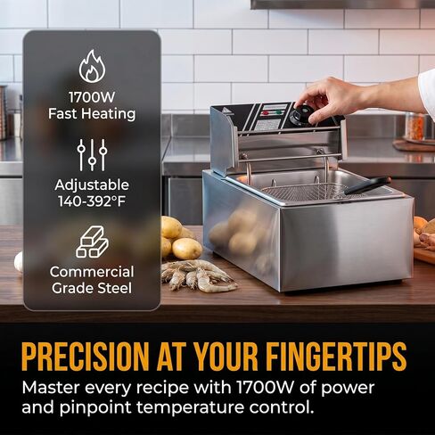 6.3QT Electric Deep Fryer with Basket, 1700W 316 Stainless Steel Commercial Deep Fryer, Adjustable Temperature Control 140°F-392°F, Countertop Deep Fryer with Lid, Oil Fryer for Home Kitchen in Kuwait