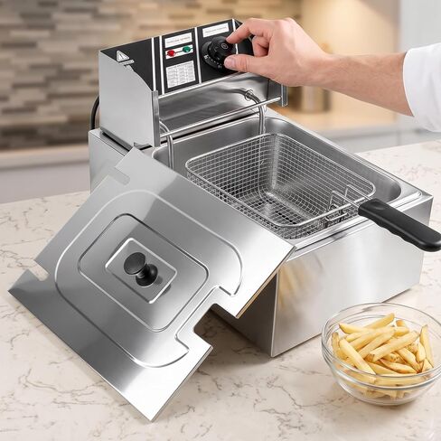 6.3QT Electric Deep Fryer with Basket, 1700W 316 Stainless Steel Commercial Deep Fryer, Adjustable Temperature Control 140°F-392°F, Countertop Deep Fryer with Lid, Oil Fryer for Home Kitchen in Kuwait