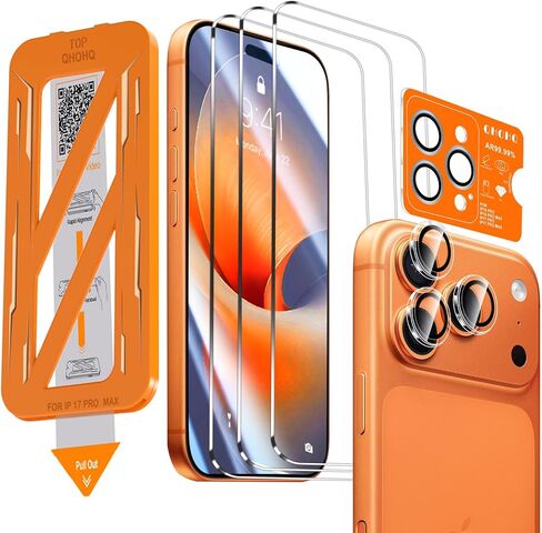 QHOHQ [1-Second Auto-Install] 3 Pack Screen Protector for iPhone 17 Pro Max [6.9 Inch] + 1 Set Camera Lens Protector, 9H+ Shatterproof Tempered Glass, [12FT Military Grade Protection], Case Friendly in Kuwait