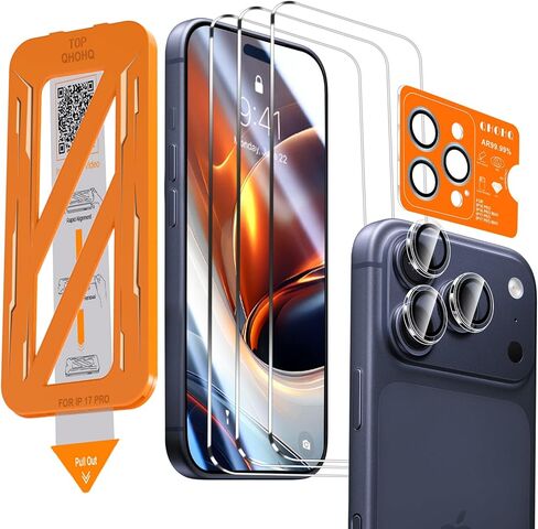 QHOHQ [1-Second Auto-Install] 3 Pack Screen Protector for iPhone 17 Pro Max [6.9 Inch] + 1 Set Camera Lens Protector, 9H+ Shatterproof Tempered Glass, [12FT Military Grade Protection], Case Friendly in Kuwait