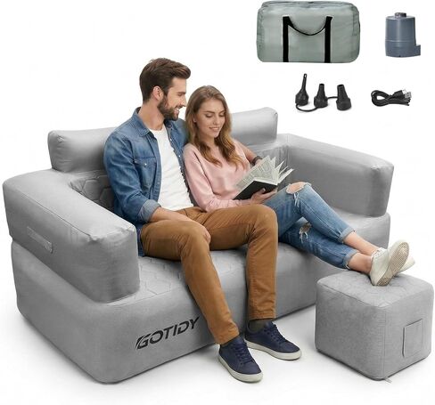 Inflatable Couch Loveseat with Footstool, Camping Couch with Detachable Built-in Pump, Inflatable Sofa with Breathable, Puncture-Resistant Fabric Texture Cover, Camping, Beach, Backyard Party in Kuwait