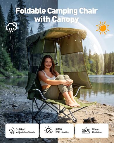 AKSOUL Folding Camping Chair with Shade: Canopy Camp Chairs with Umbrella for Adults,Portable Beach Chairs with Cup Holder, Side Pocket for Lawn, Sports, Tailgates, Fishing - Support 330 LBS,Green in Kuwait