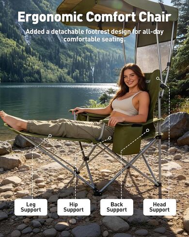 AKSOUL Folding Camping Chair with Shade: Canopy Camp Chairs with Umbrella for Adults,Portable Beach Chairs with Cup Holder, Side Pocket for Lawn, Sports, Tailgates, Fishing - Support 330 LBS,Green in Kuwait