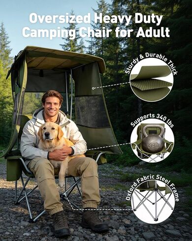 AKSOUL Folding Camping Chair with Shade: Canopy Camp Chairs with Umbrella for Adults,Portable Beach Chairs with Cup Holder, Side Pocket for Lawn, Sports, Tailgates, Fishing - Support 330 LBS,Green in Kuwait