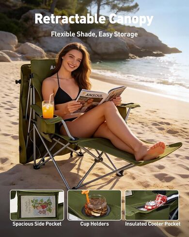 AKSOUL Folding Camping Chair with Shade: Canopy Camp Chairs with Umbrella for Adults,Portable Beach Chairs with Cup Holder, Side Pocket for Lawn, Sports, Tailgates, Fishing - Support 330 LBS,Green in Kuwait
