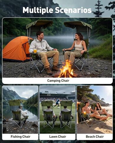 AKSOUL Folding Camping Chair with Shade: Canopy Camp Chairs with Umbrella for Adults,Portable Beach Chairs with Cup Holder, Side Pocket for Lawn, Sports, Tailgates, Fishing - Support 330 LBS,Green in Kuwait
