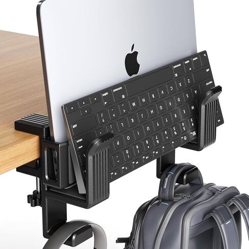 Desk Side Storage, Under Desk Clamp-on Vertical Laptop Holder, 10-17" Inch Length Adjustable with Keyboard & Headphone Holder, No Drill Storage Shelf for Desk, Fits Table Edge 0.3"to 1.7"(Black) in Saudi Arabia