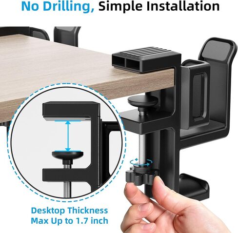 Desk Side Storage, Under Desk Clamp-on Vertical Laptop Holder, 10-17" Inch Length Adjustable with Keyboard & Headphone Holder, No Drill Storage Shelf for Desk, Fits Table Edge 0.3"to 1.7"(Black) in Saudi Arabia